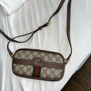 Gucci Beige and Brown Crossbody Bag with Green and Red Stripe